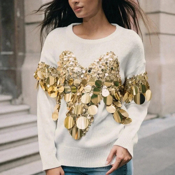 Women's Luxurious stylish Sequin detailed Long Sleeve Sweater top - Picture 3 of 9